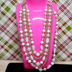Japan Rose Gold Tone Multi Strand/Chain Beaded Necklace Vintage Jewelry #85
